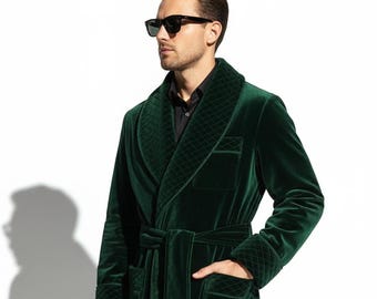 Handmade Emerald Green Velvet Robe | Quilted Collar, Luxury Loungewear party night robe for men