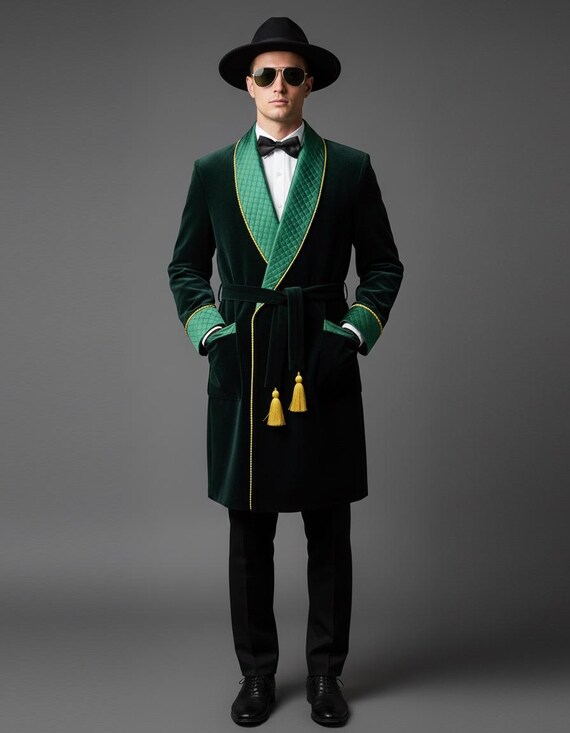 green mens dressing gown Men's Green Solid Color Flannel Robe