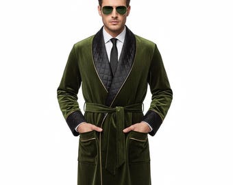 mens new year party Handmade Olive Green Velvet Robe | Quilted Collar Loungewear