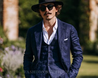 Handmade Midnight Blue Linen Suit for Men, Men's Summer Wedding Suit