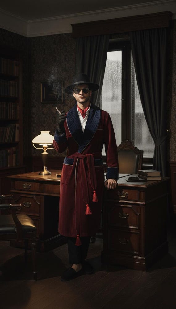 burgundy dressing gown Deep Velvet | Navy Blue Quilted Lapel & Tassels | Custom Gentleman's Robe color:Taro