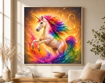 Fantasy Unicorn Print, Rainbow Color Splash, Magical Nursery Decor (Digital Download)