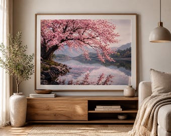 Cherry Blossom Lake Wall Art Print | A4 Matte Landscape Artwork | Pink Nature Home Decor