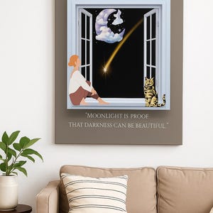 Impression de fenêtre Inspiration clair de lune – Art mural étoile filante et chat | Poster Quote pour les espaces calmes | Formats A2