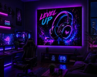Neon Gaming Headset Print, Cyberpunk RGB Setup Wall Art (Digital Download)
