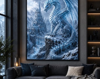 Ice Dragon Wall Art | Crystal Dragon, Frozen Castle Landscape (Digital Download)