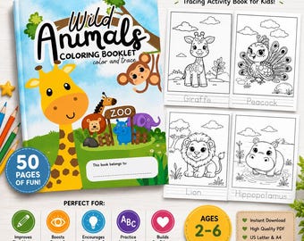 Wild Animals Coloring Book | Trace Activity Preschool Printable PDF (Digital Download)