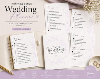 Minimalist Lilac Wedding Planner Bundle, Editable Bridal Organizer (Digital Download)