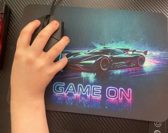 Neon Car Gaming Mouse Mat – “Game On” RGB Desk Pad – Gamer Setup Accessory