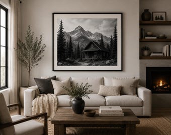 Black and White Cabin Landscape Print, Rustic Mountain Forest Wall Art (Digital Download)