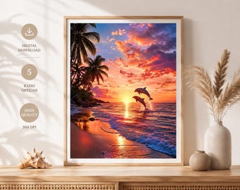 Dolphin Sunset Beach Wall Art | Tropical Ocean Coastal Decor (Digital Download)