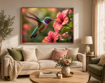 Hummingbird Floral Wall Art Printable: Vibrant Tropical Flower Decor (Digital Download)