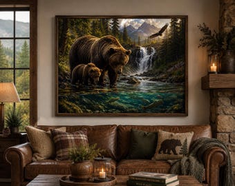 Grizzly Bear Cub Mountain Waterfall Art Print, Rustic Wildlife Nature (Digital Download)