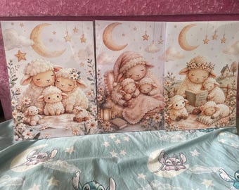 Sleepy Sheep Nursery Art Prints | Watercolor Lamb Moon Stars Boho Decor (A4 Set)