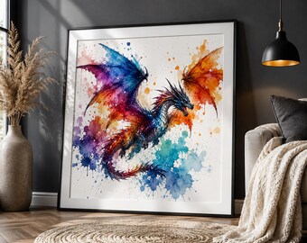 Mystic Dragon Watercolor Print | Fantasy Color Splash Wall Art (Digital Download)