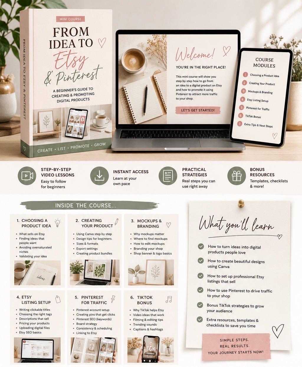 Etsy & Pinterest Mini Course | Digital Product Creation, SEO, Traffic (PDF Guide)
