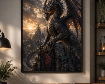 Dark Dragon Wall Art | Epic Fantasy Castle Landscape (Digital Download)