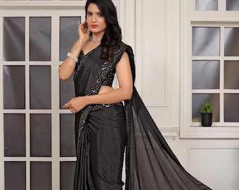 Pre-Pleated Embroidered Border Saree: Chinon Silk, Unstitched Blouse