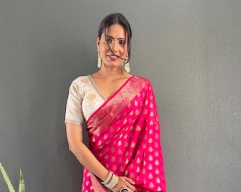 Pionex Ready-to-Wear Banarasi Georgette Saree with Rich Jacquard Pallu & Embroidered Stitched Blouse