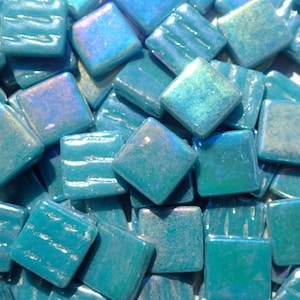 Dark Teal Iridescent Glass Square Mosaic Tiles - 12mm - 50g - Approx 35 Pieces
