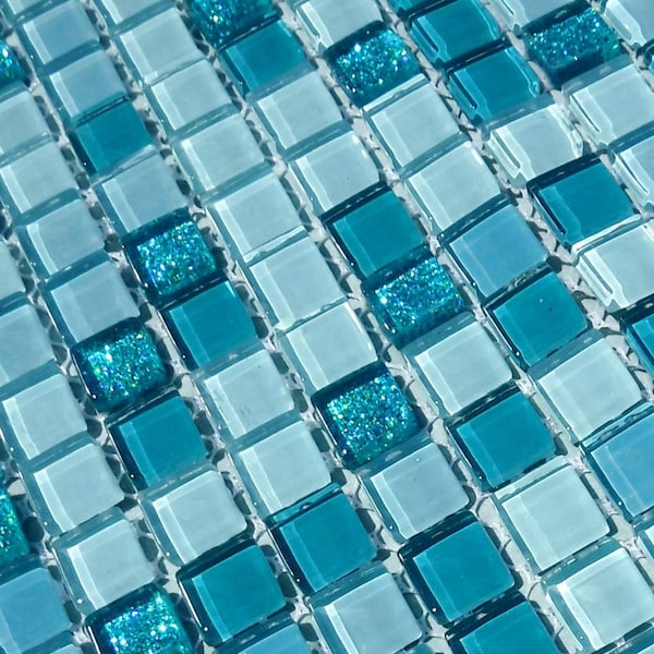 Teal Mix Glass and Glitter Tiles - 1 cm - Shades of Dark and Light Teal - 100 Tiles for Mosaic Projects and Jewelry