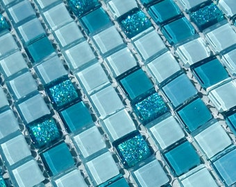 Teal Mix Glass and Glitter Tiles - 1 cm - Shades of Dark and Light Teal - 100 Tiles for Mosaic Projects and Jewelry