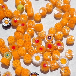 Saffron Orange Millefiori - 25 grams - Unique Mosaic Glass Tiles - Mix of Different Floral Patterns