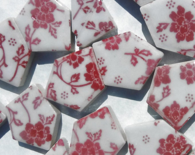 Red and White Dainty Flowers - Chunky Mosaic Porcelain Tiles - Half Pound