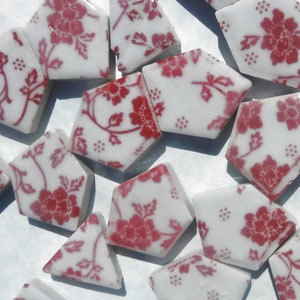 Red and White Dainty Flowers - Chunky Mosaic Porcelain Tiles - Half Pound