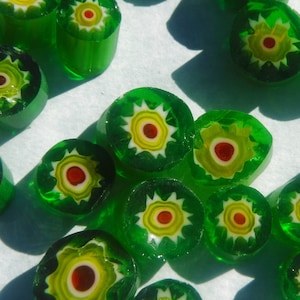 Green and Yellow with Red Millefiori - 25 grams - Unique Mosaic Glass Tiles