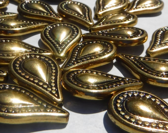 Large Metallic Tear Drop Beads - Gold-Toned 25mm Detailed Beads