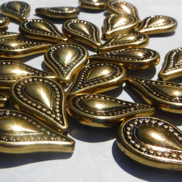 Large Metallic Tear Drop Beads - Gold-Toned 25mm Detailed Beads