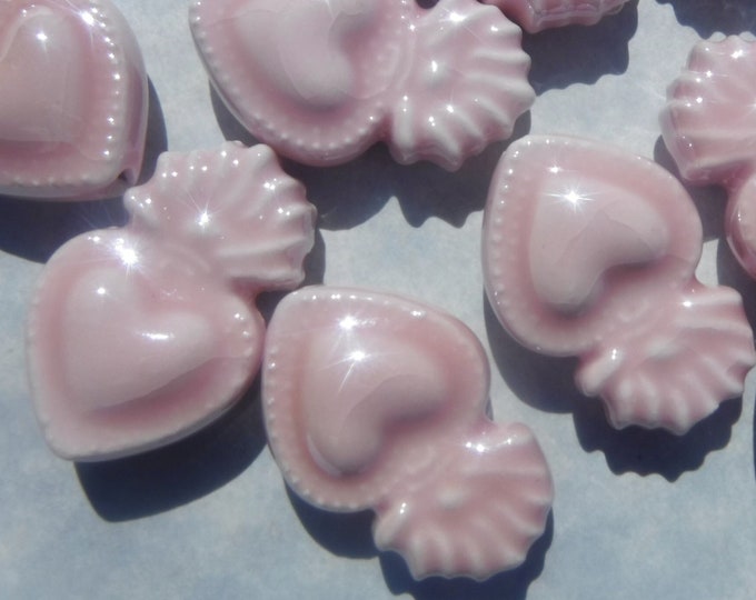 Pink Milagro Heart Beads - Ceramic Mosaic Tiles - Small Sacred Heart Beads