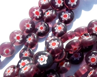 Purple and Red Millefiori Glass Beads - 10mm - Use in Mosaics and Jewelry Making - White Flowers