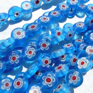 Blue and Red Millefiori Glass Beads -  10mm - Use in Mosaics - Supplies to Create Jewelry  - White Flowers