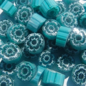White Flowers in Teal Millefiori - 25 grams - Unique Mosaic Glass Tiles -  Floral Pattern