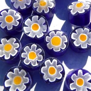 White Daisy in Bright Blue Millefiori - 25 grams - Glass Mosaic Tiles - Floral Pattern