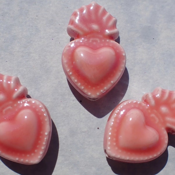 Rose Pink Milagro Heart Beads - Ceramic Mosaic Tiles - Small Sacred Heart Beads - Jewelry Supplies