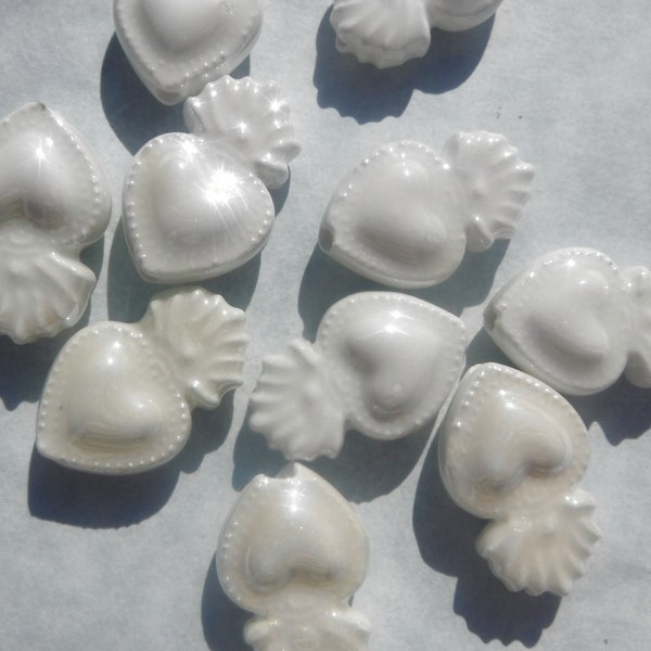 White Milagro Heart Beads - Ceramic Mosaic Tiles - Small Sacred Heart Beads - Jewelry Supplies