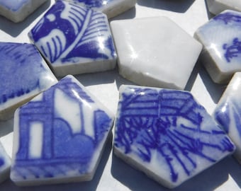 Blue and White Chunky Ceramic Mosaic Tiles with Vintage Village Patterns - Half Pound