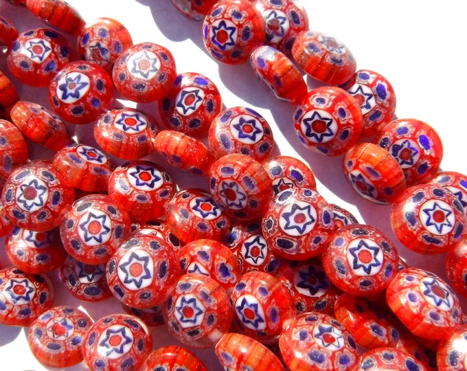 Red and Blue Millefiori Glass Beads -  8mm - Use in Mosaics - Supplies to Create Jewelry
