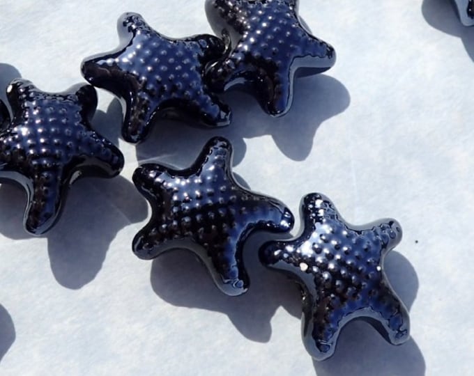 Black Starfish Beads - Ceramic Mosaic Tiles - 10 Puffy Sea Stars