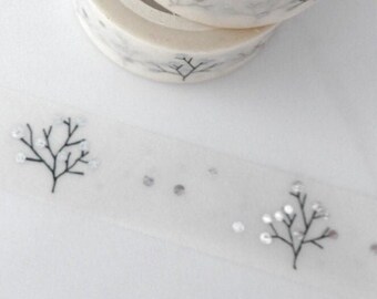 Winter Tree Foil Washi Tape - Paper Tape Great for Scrapbooking Paper Crafts and Christmas Decorations - Silver Foil Dots Leaves 15mm x 5m