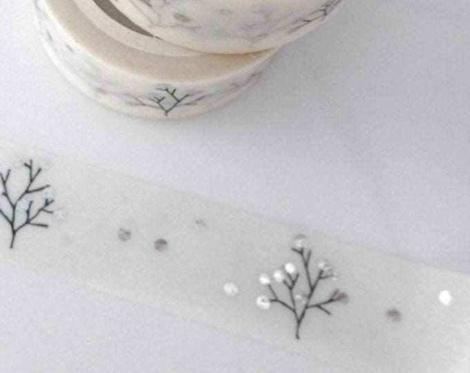 Winter Tree Foil Washi Tape - Paper Tape Great for Scrapbooking Paper Crafts and Christmas Decorations - Silver Foil Dots Leaves 15mm x 5m