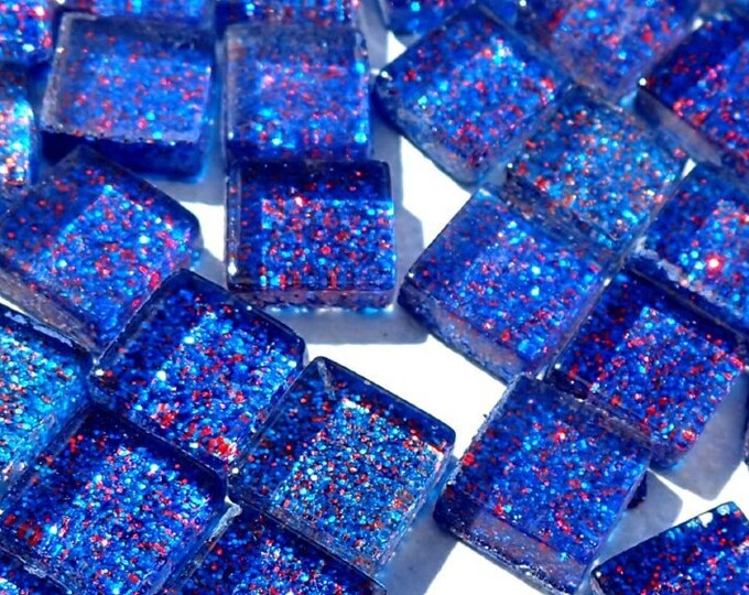 Blue with Red Glitter Squares - 100g Metallic Mosaic Tiles - 1cm - Blueberry