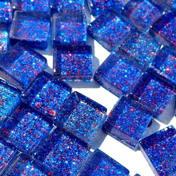 Blue with Red Glitter Squares - 100g Metallic Mosaic Tiles - 1cm - Blueberry