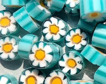 White Daisy in Teal Millefiori - 25 grams - Unique Mosaic Glass Tiles -  Floral Pattern