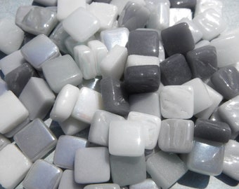 Gray Skies Mix Mini Glass Tiles - 8mm Square - 50 grams Opaque Glass Solid Color Mix of Iridescent and Matte Tiles