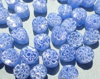 White Flowers in Blue Periwinkle Millefiori - 25 grams - Glass Tiles - Floral Pattern