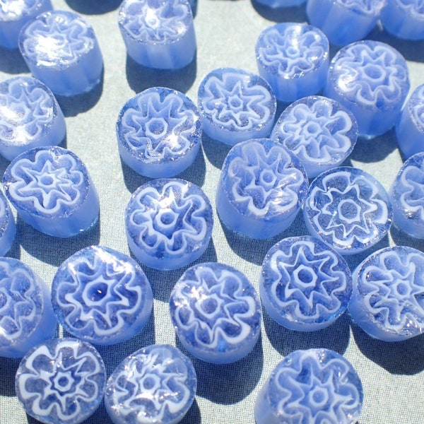 White Flowers in Blue Periwinkle Millefiori - 25 grams - Glass Tiles - Floral Pattern